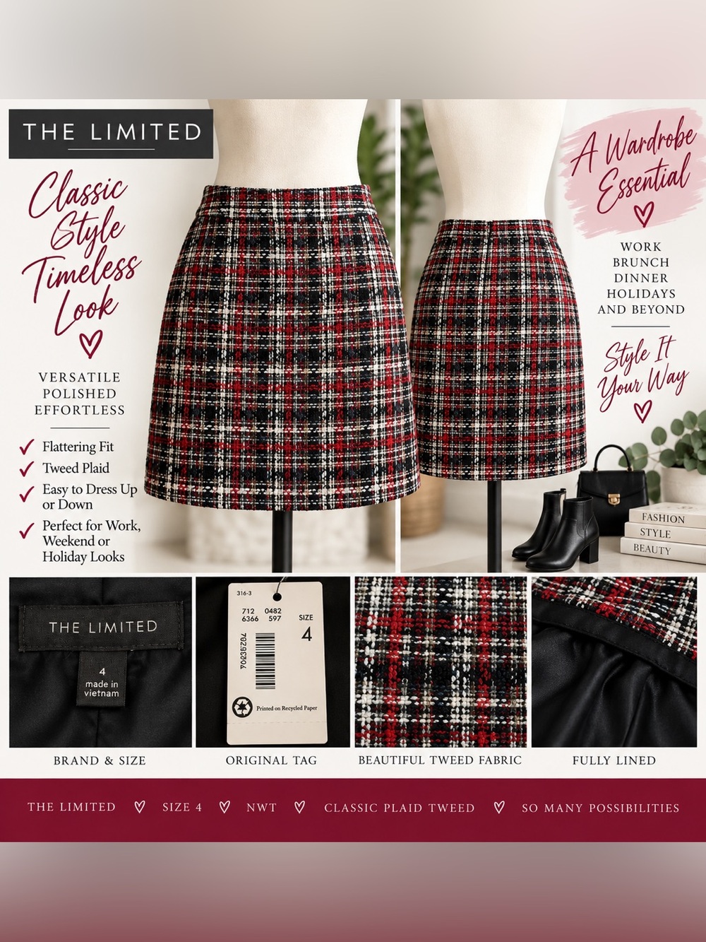 #0329 The Limited NWT Size 4 Plaid Tweed A-Line Skirt Red Black Ivory